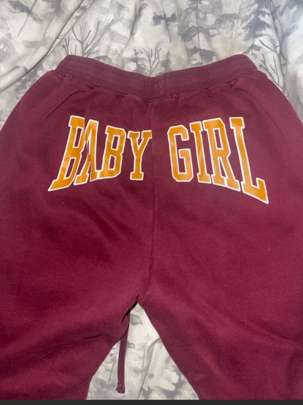 Fashion Nova Maroon Sweatpants with ‘ BABY GIRL' Graphic